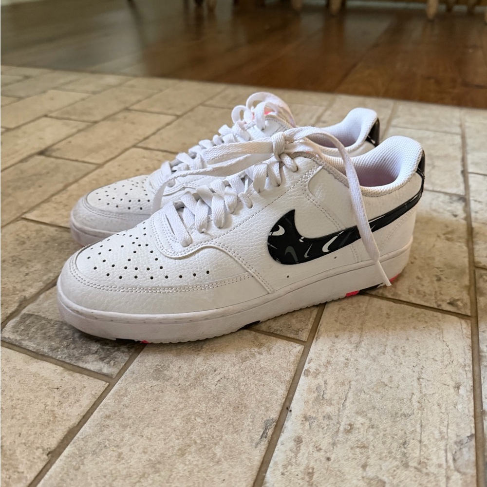Nike Court Vision White Low-Top Sneakers with Black Patterned Swoosh